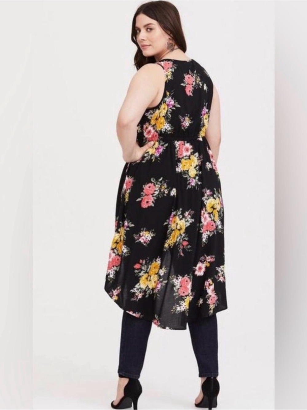 Black Floral High-Low Sleeveless Tunic Tank